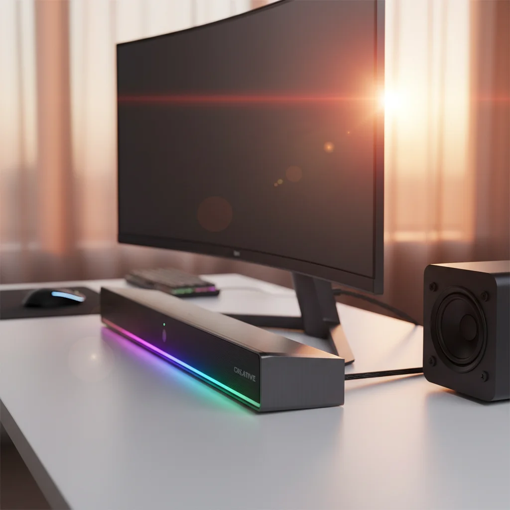 A Creative Katana V2X Gaming Soundbar positioned neatly under a gaming monitor, showcasing its sleek, low-profile design, integrated RGB lighting strip, and a glimpse of its compact wired subwoofer, in a dynamic action shot.