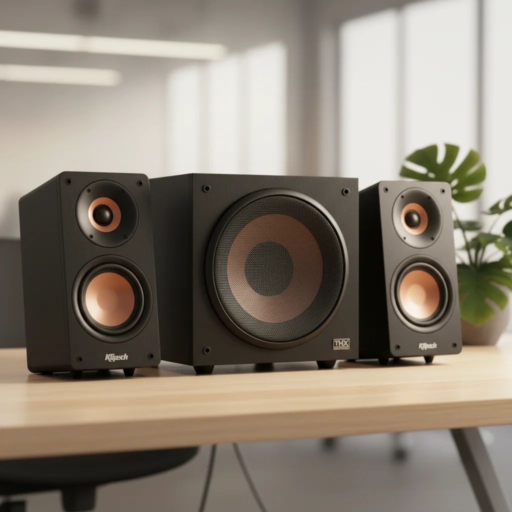A Klipsch ProMedia 2.1 THX Certified Computer Speakers system, featuring two satellite speakers with exposed horn tweeters and a prominent subwoofer, presented in a classic black finish on a clean, professional desk setup, in a well-lit product shot.