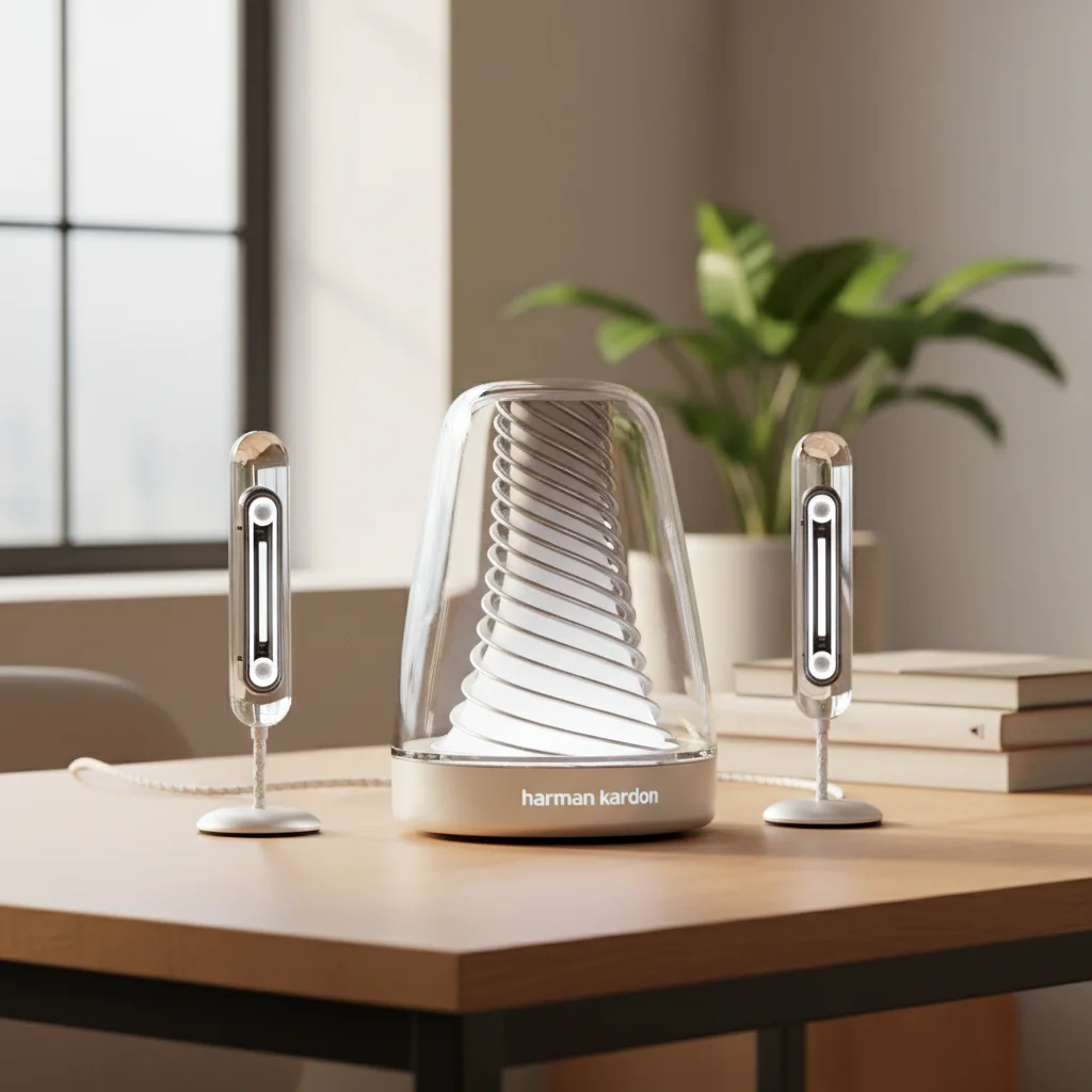 The Harman Kardon SoundSticks 4, featuring their iconic transparent dome subwoofer and two transparent 'stick' satellite speakers, illuminated by subtle white internal lighting, positioned on a sleek, modern desk, making a bold design statement.