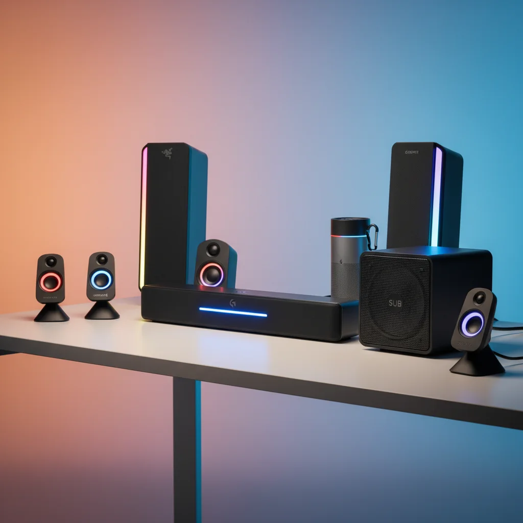 A diverse collection of gaming speakers, ranging from compact desktop satellites to a soundbar and a subwoofer, arranged on a gradient background, representing different options in a buying guide context, in a clean, informative style.
