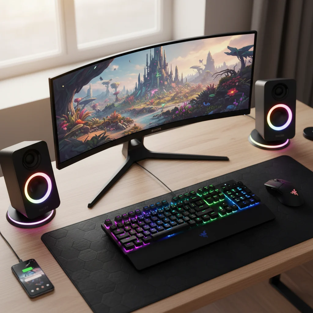 A stylish, top-down view of a gaming desk with a monitor, keyboard, mouse, and a high-end gaming speaker system (e.g., the Razer Nommo V3 Pro Chroma) in action, showcasing a vibrant and immersive setup, in a professional, inviting style.