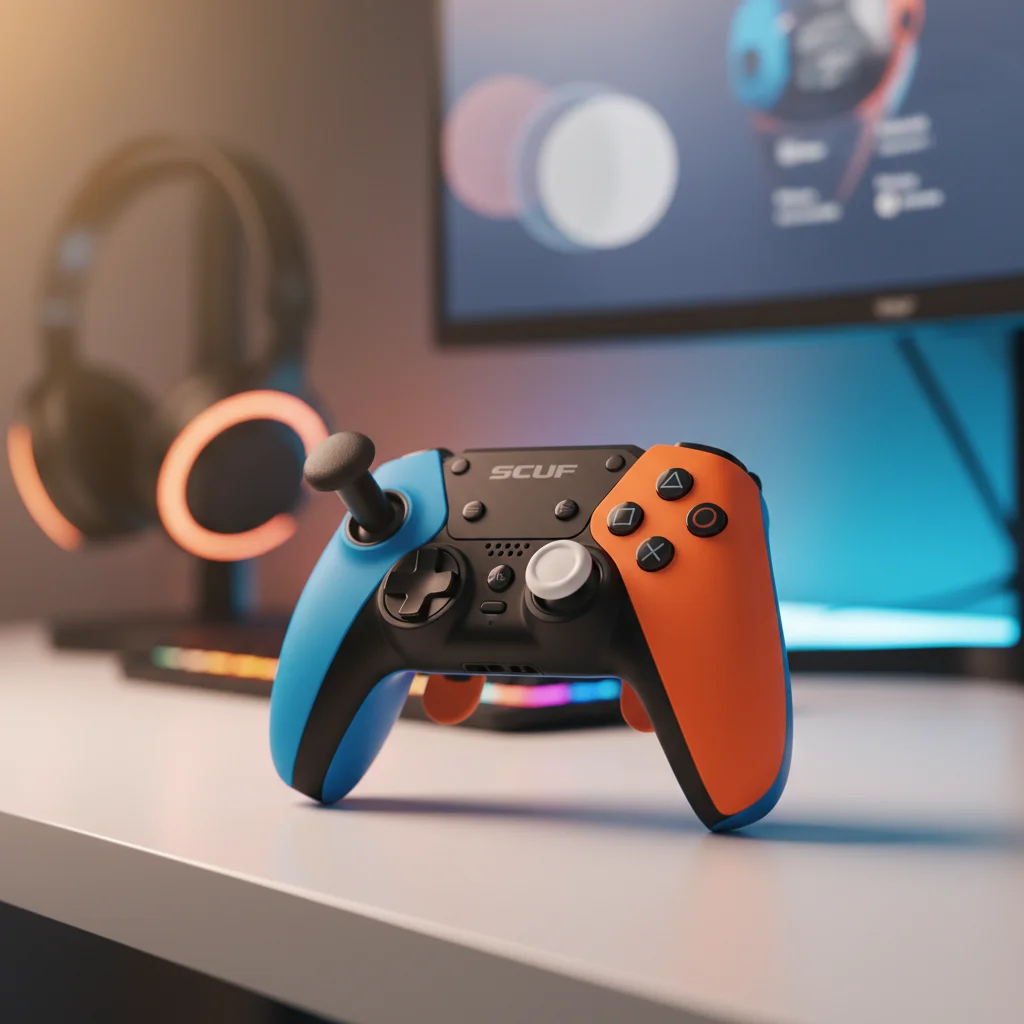 The SCUF Reflex FPS controller, customized with vibrant colors and different thumbstick styles, showcased against a blurred gaming background, emphasizing its pro-gaming design.