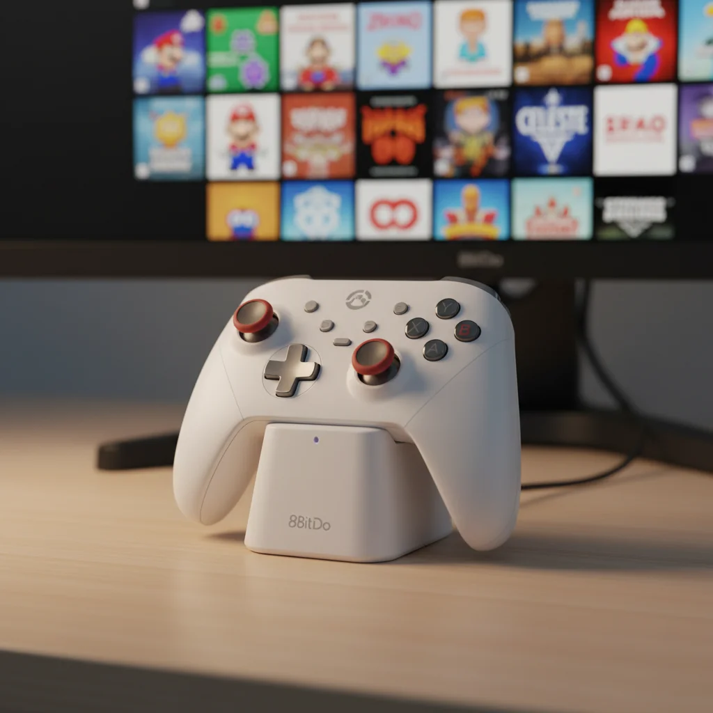 The 8BitDo Ultimate Bluetooth Controller in white, neatly docked in its charging station, with an array of retro and modern games displayed on a PC monitor in the background, highlighting its versatility.