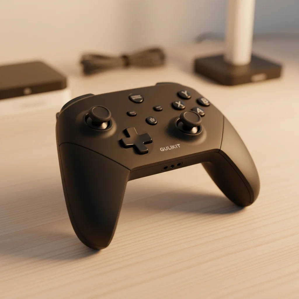 The GuliKit KingKong 2 Pro controller, highlighting its sleek black design and button layout, in a focused product shot that emphasizes its build quality and advanced features.