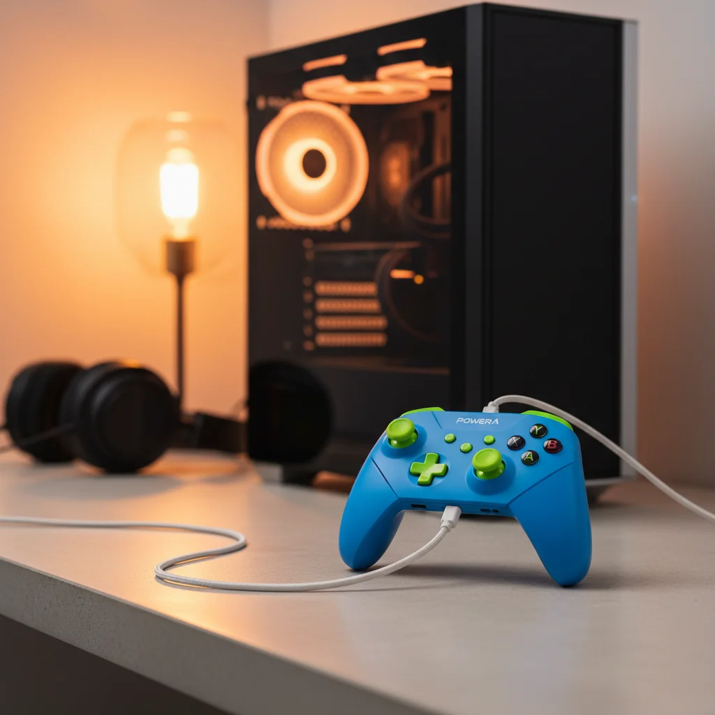 The PowerA Enhanced Wired Controller in a vibrant color, connected via its long cable to a gaming PC setup, suggesting accessibility and ease of use for budget gamers.