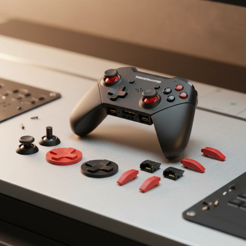 The Thrustmaster eSwap X Pro Controller with its modular components disassembled next to it, showcasing its unique hot-swappable design, on a tech workbench.