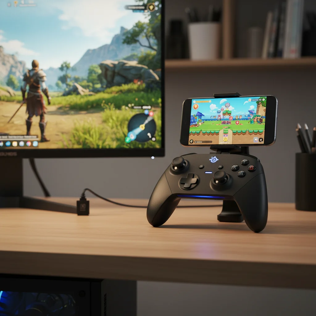 The SteelSeries Stratus Duo controller with its sleek, minimalist design, shown connected wirelessly to a PC monitor displaying a game, and also to a smartphone mounted in a gaming clip, emphasizing its dual connectivity.
