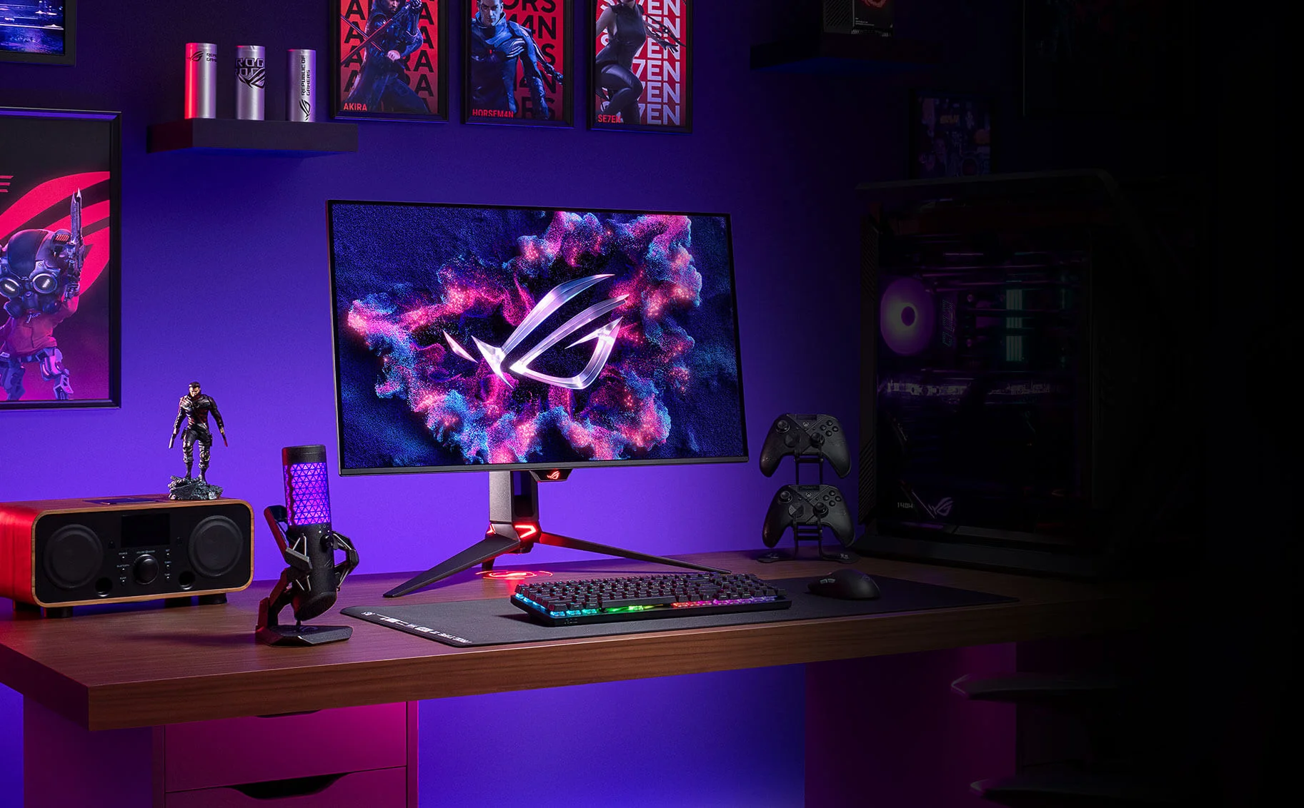 ASUS ROG Swift OLED PG32UCDM gaming monitor on a clean desk setup.