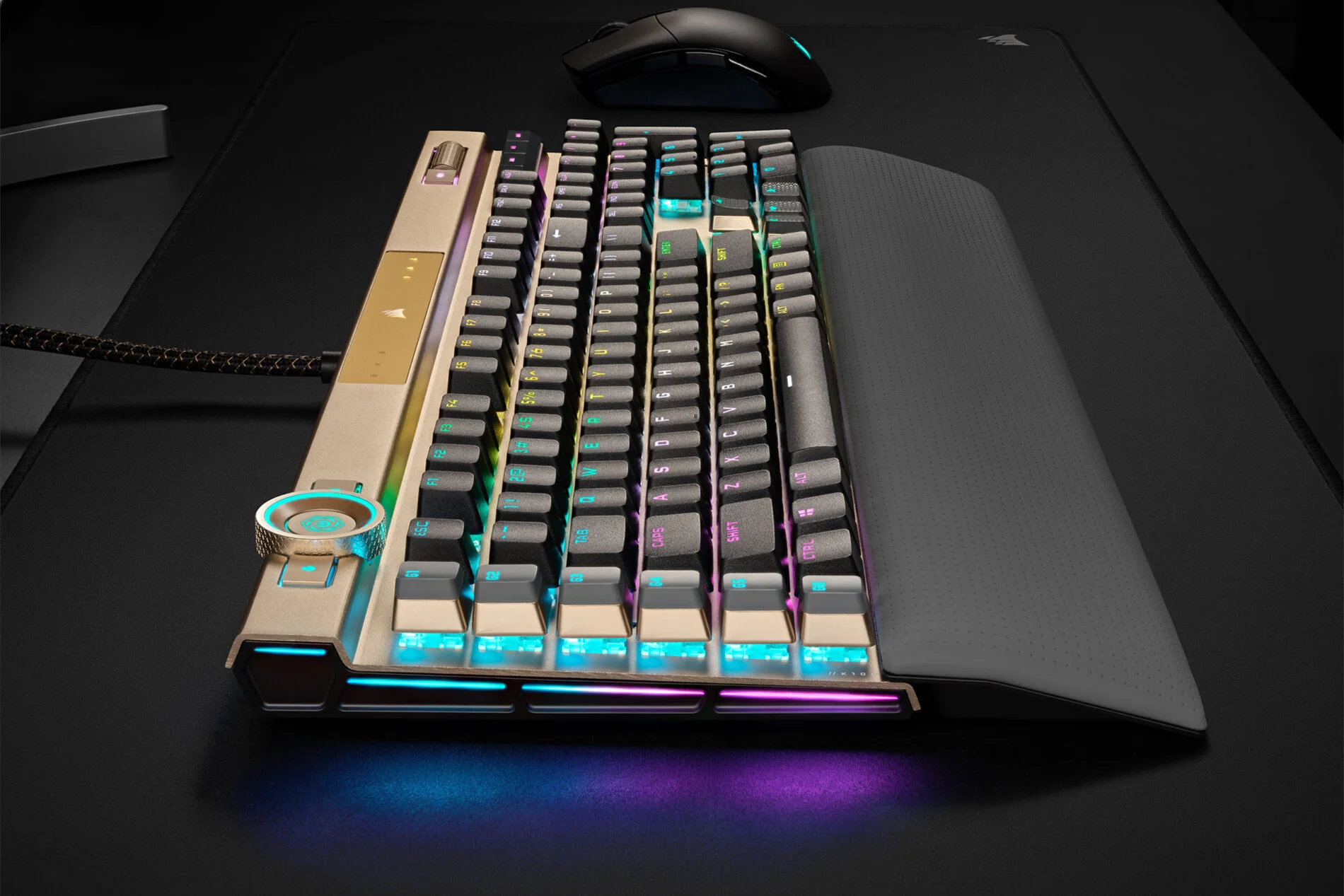 Corsair K100 RGB keyboard with its dedicated macro keys and magnetic wrist rest.