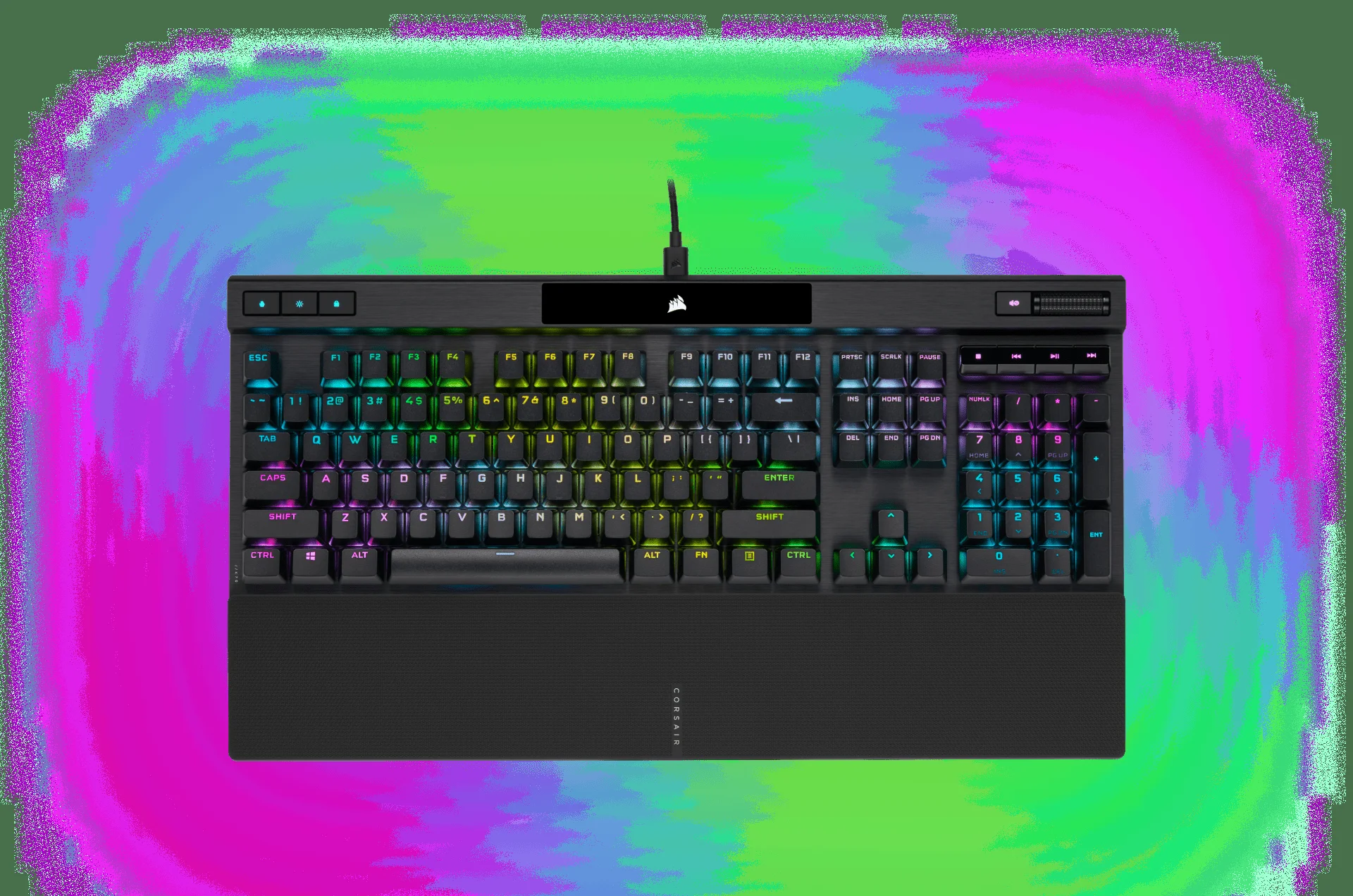 Corsair K100 RGB Optical-Mechanical gaming keyboard showcasing its premium design.