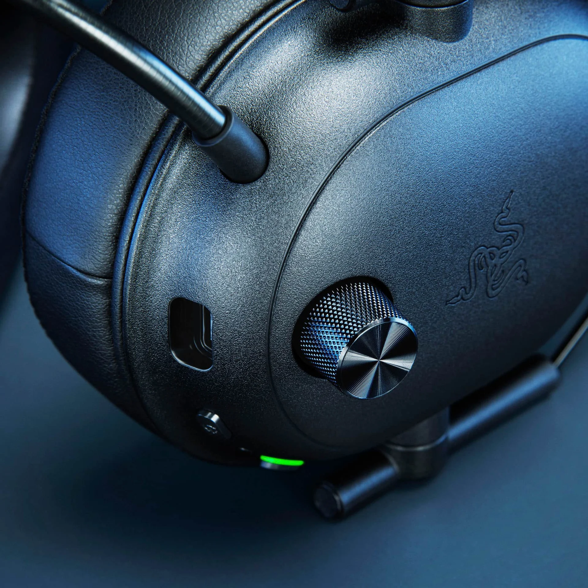 Close-up of a high-end gaming headset with RGB lighting.