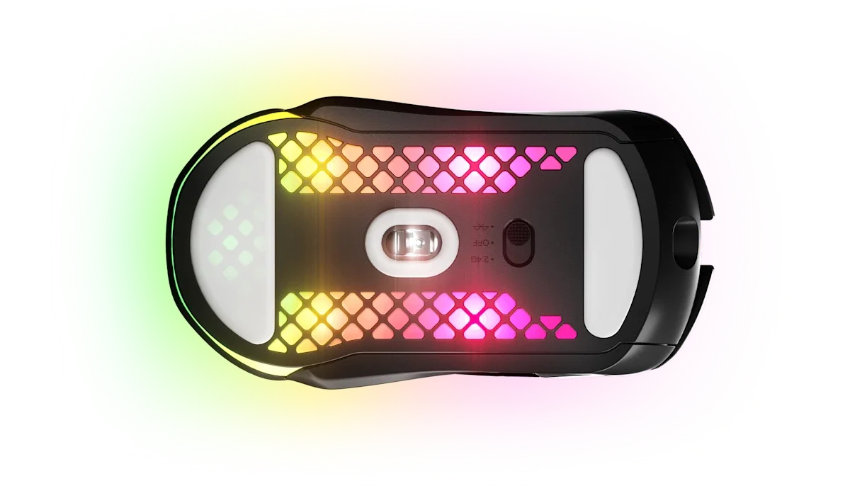 Close-up of a high-performance optical gaming mouse sensor.